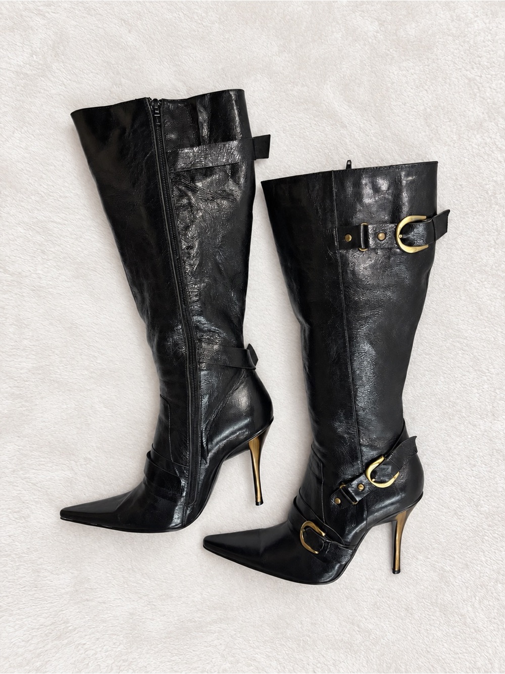 B. Style Black Leather Knee High Stiletto Boots Gold Buckles Y2K